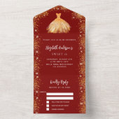 Invitation Tout En Un Sweet 16 robe rouge or parties scintillant RSVP (À l'intérieur)