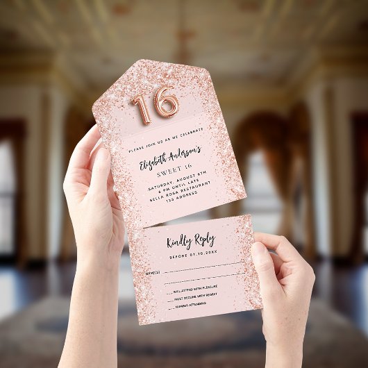 Invitation Tout En Un Sweet 16 rose or brush fête RSVP