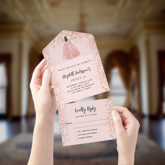 Invitation Tout En Un Sweet 16 rose robe blush robe fête RSVP