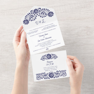 Invitation Tout En Un Talavera mexicaine bleu avec nom de parents