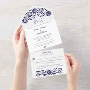 Invitation Tout En Un Talavera Mexicaine Bleue en un mariage Invitation