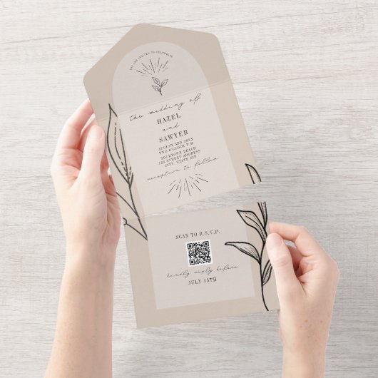 Invitation Tout En Un Tan Arch Mariage QR RSVP Tout en un (Déchirure)