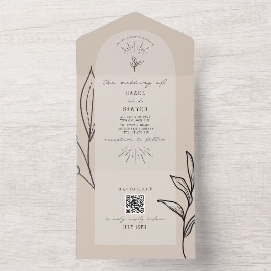 Invitation Tout En Un Tan Arch Mariage QR RSVP Tout en un (À l'intérieur)