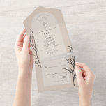Invitation Tout En Un Tan Arch Wedding RSVP<br><div class="desc">Arche tan avec texte noir et ligne botanique. Dehors est bronzé avec adresse de retour sur rabat. RSVP en bas.</div>