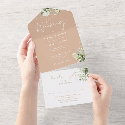 Invitation Tout En Un Tan Botanical Greenery Monogram Mariage (Déchirure)