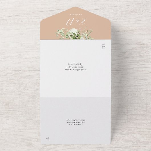 Invitation Tout En Un Tan Floral Verdure Script Mariage Photo (Dehors)