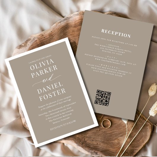 Invitation Tout en un Taupe Boho QR Code Mariage