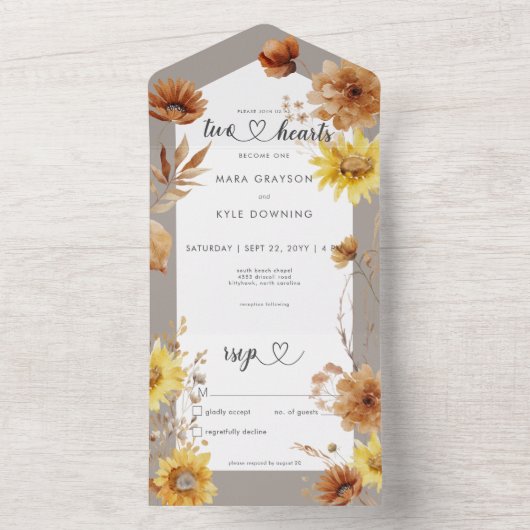 Invitation Tout En Un Taupe de tournesol d'automne rustique et blanc Pas (À l'intérieur)