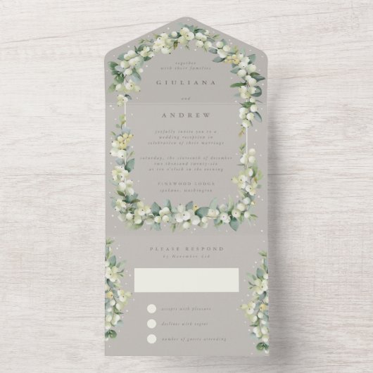Invitation Tout En Un Taupe Snowberry+Eucalyptus Réception de mariage un (À l'intérieur)