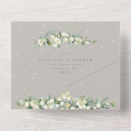 Invitation Tout En Un Taupe Snowberry+Eucalyptus Réception de mariage un (Verso)