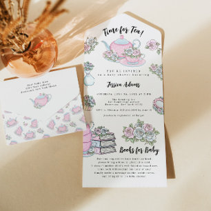 Invitation Tout En Un Tea Party Baby shower bleu et rose