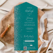 Invitation Tout En Un Teal Blue Silver Glitter QR Code Wedding