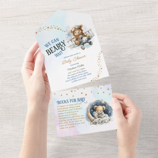Invitation Tout En Un Teddy Bear Avion volant Baby shower garçon (Déchirure)