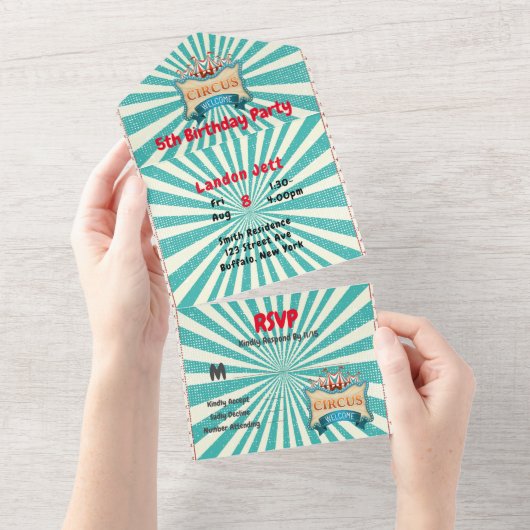 Invitation Tout En Un Tente turquoise Red Circus Anniversaire (Déchirure)