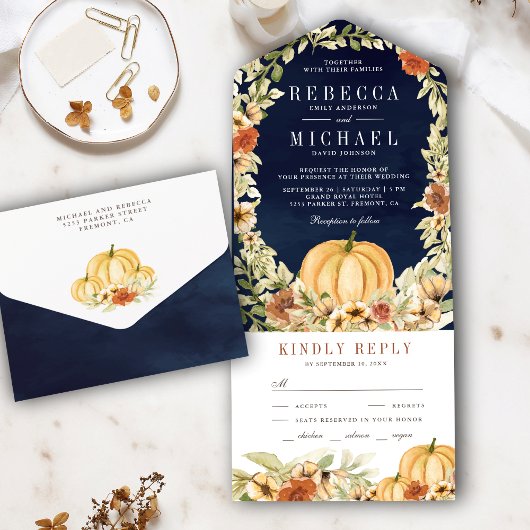 Invitation Tout En Un Terme Citrouille floral  bleu marine Mariage