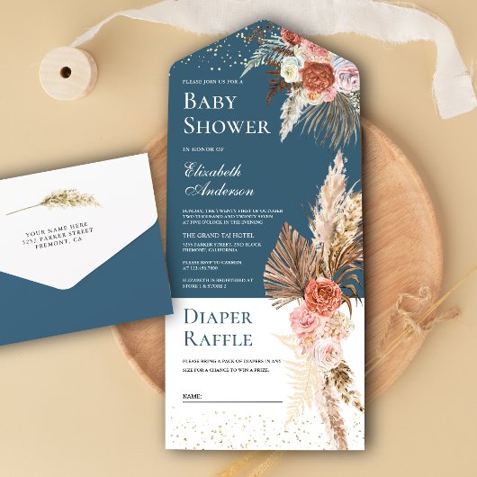 Invitation Tout En Un Terme Floral Pampas Grass Dusty Baby shower bleu