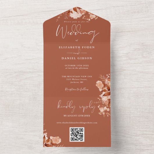 Invitation Tout En Un Terracotta Automne Automne Floral QR Code Mariage (À l'intérieur)