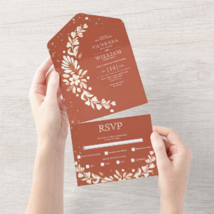 Invitation Tout En Un Terracotta, blanc fleuri mariage