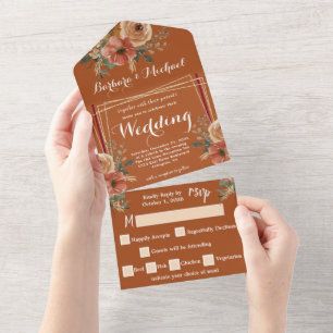 Invitation Tout En Un Terracotta Bohème Fleurs d'Automne Aquarelle Maria