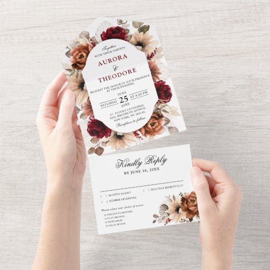 Invitation Tout En Un Terracotta Burgundy Mauve Floral Mariage géométriq (Déchirure)