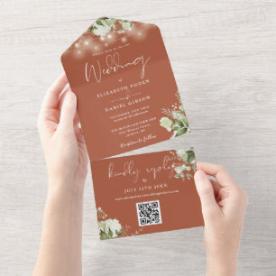 Invitation Tout En Un Terracotta Floral String Lights QR Code Mariage