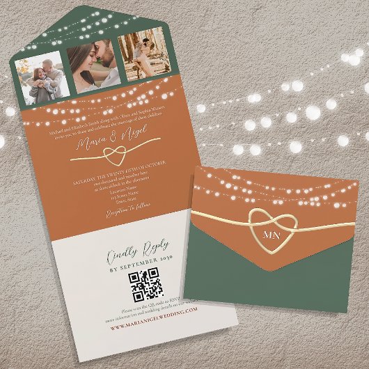 Invitation Tout En Un Terracotta Green String Lights Mariage QR Code