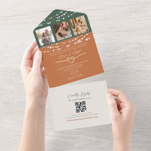 Invitation Tout En Un Terracotta Green String Lights Mariage QR Code (Déchirure)
