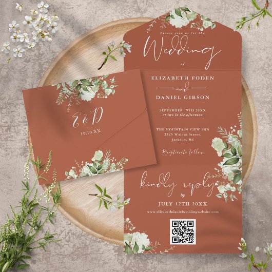 Invitation Tout En Un Terracotta Greenery QR Code Monogramme Mariage