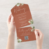 Invitation Tout En Un Terracotta Greenery QR Code Monogramme Mariage (Déchirure)