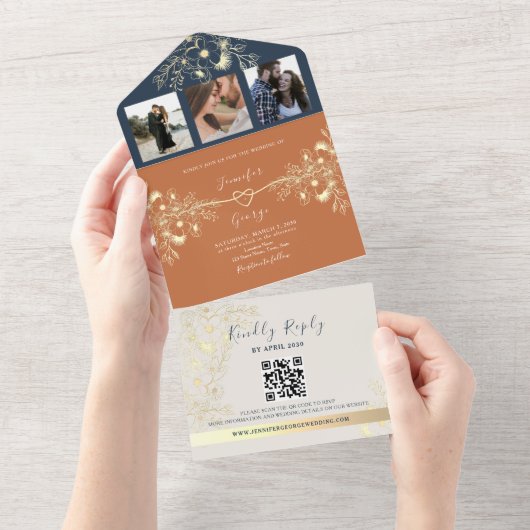 Invitation Tout En Un Terracotta Photos QR Code Mariage (Déchirure)
