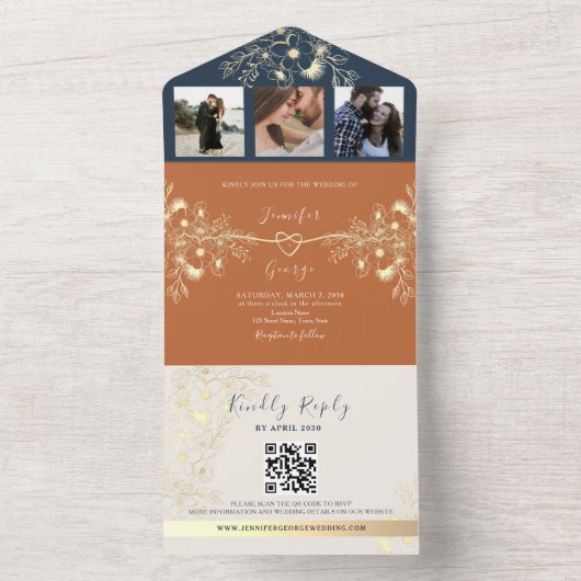 Invitation Tout En Un Terracotta Photos QR Code Mariage (À l'intérieur)