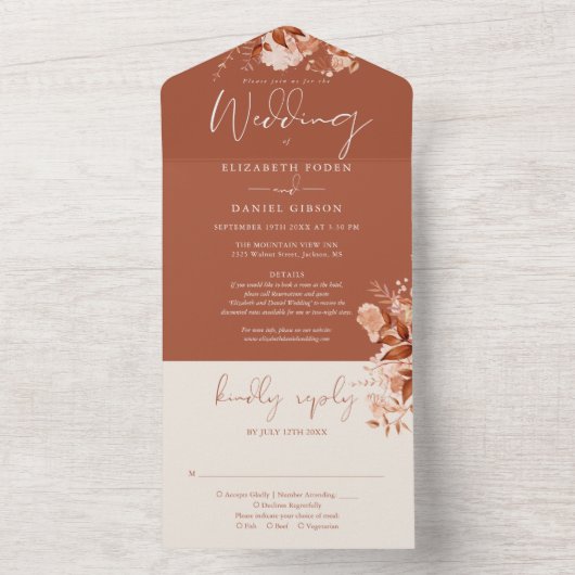 Invitation Tout En Un Terracotta Rustic Floral Détails Mariage de automn (À l'intérieur)