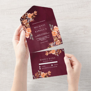 Invitation Tout En Un Terrain rustique Terracotta Floral Bourgogne Maria
