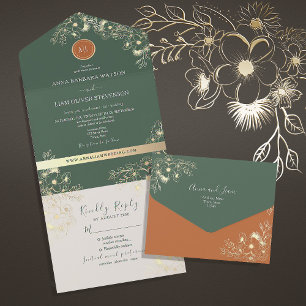 Invitation Tout En Un Terre cuite et vert olive Mariage floral vintage