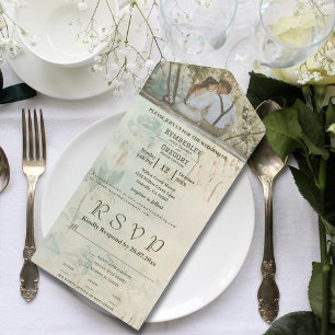 Invitation Tout En Un Texture patinée avec touches florales Couple Photo