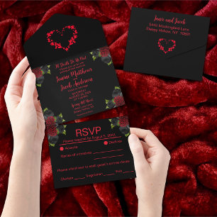 Invitation Tout En Un Til Death Do Us Part Gothique Noir avec Roses Roug