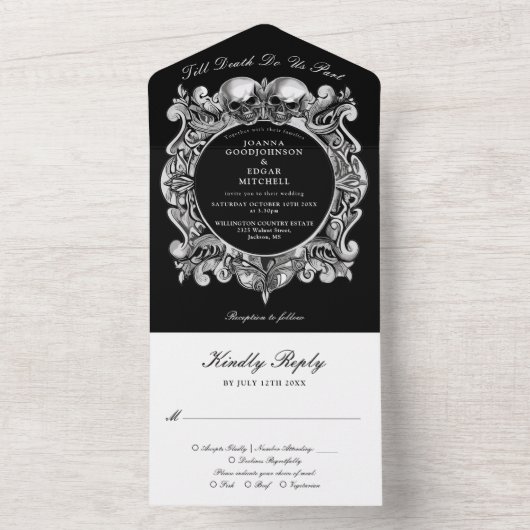 Invitation Tout En Un Till Death Gothic Skuls Monogramme Mariage (À l'intérieur)