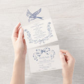 Invitation Tout En Un Toile victorienne Français Bleu Classique Mariage (Déchirure)