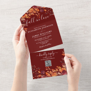 Invitation Tout En Un Tombez Amoureux Mariage Code QR Floral Bourgogne