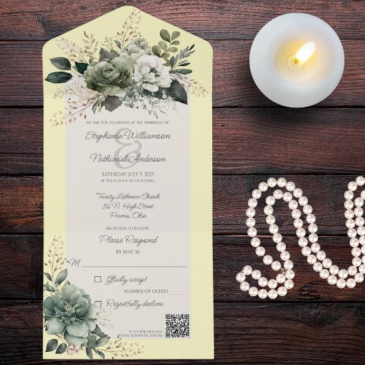 Invitation Tout En Un Tons de fleurs vertes sur le code QR jaune