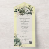 Invitation Tout En Un Tons de fleurs vertes sur le code QR jaune (À l'intérieur)