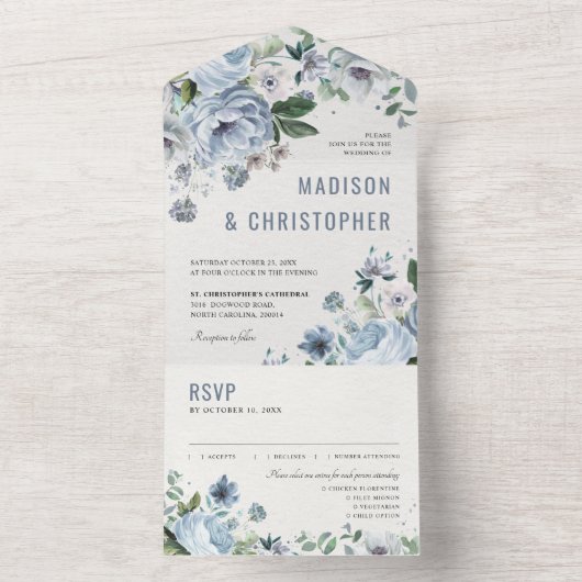 Invitation Tout En Un Tons de gris bleu foncé hiver Mariage rustique (À l'intérieur)
