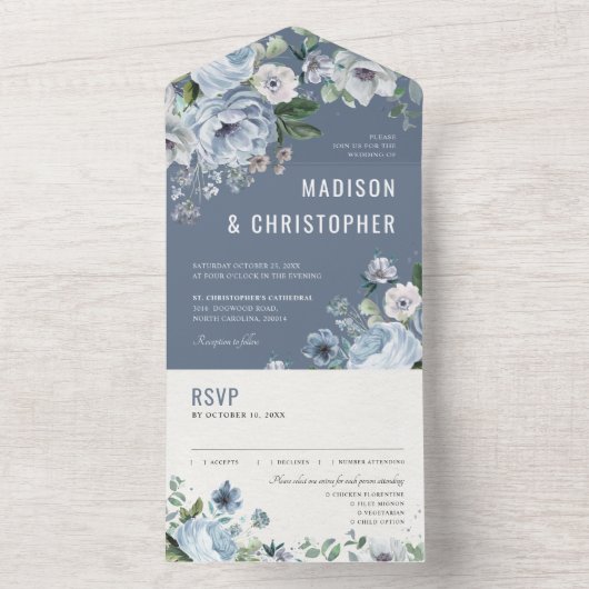 Invitation Tout En Un Tons gris bleu foncé hiver rustique Mariage Al (À l'intérieur)