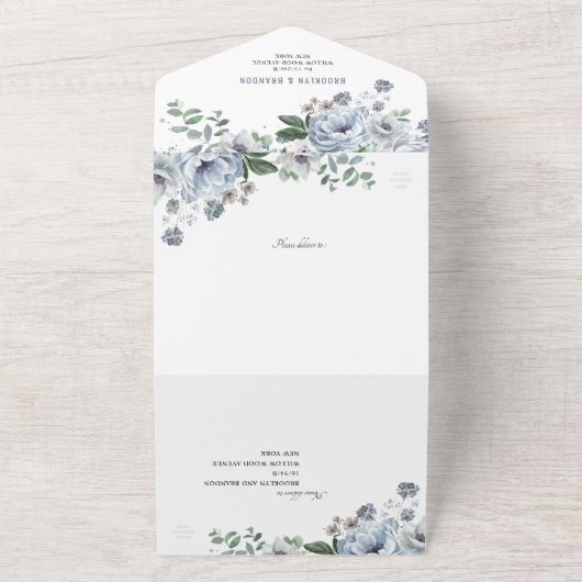 Invitation Tout En Un Tons gris bleu foncé hiver rustique Mariage Al (Dehors)