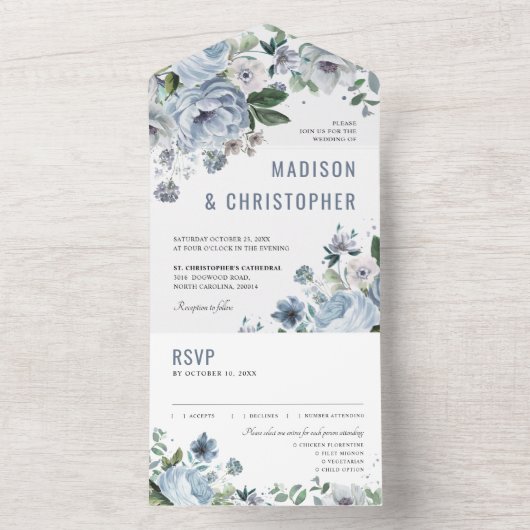 Invitation Tout En Un Tons gris bleu foncé hiver rustique Mariage Al (À l'intérieur)