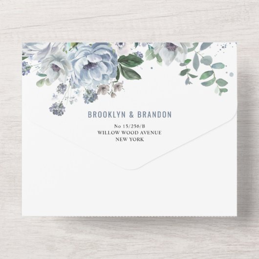 Invitation Tout En Un Tons gris bleu foncé hiver rustique Mariage Al (Verso)
