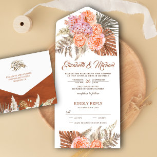 Invitation Tout En Un Tons Terreux Orange Brûlé Floral Boho Mariage Palm