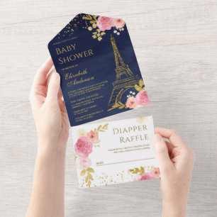 Invitation Tout En Un Tour Eiffel dorée Fleurs roses Baby Shower