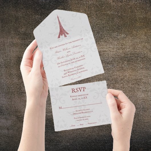 Invitation Tout En Un Tour Eiffel rouge damassé tout en un mariage