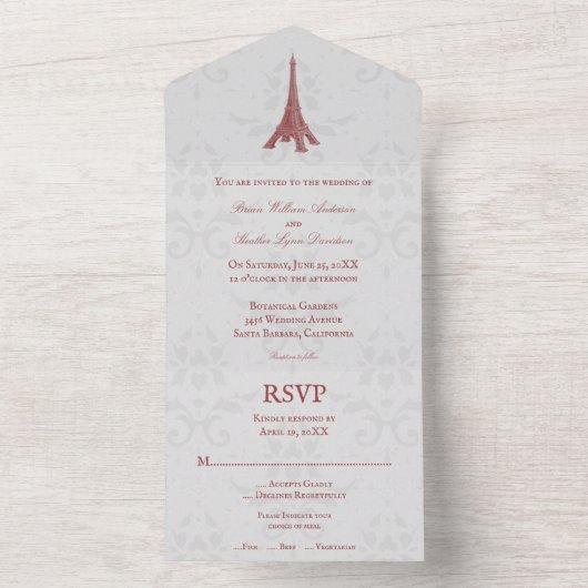 Invitation Tout En Un Tour Eiffel rouge damassé tout en un mariage (À l'intérieur)